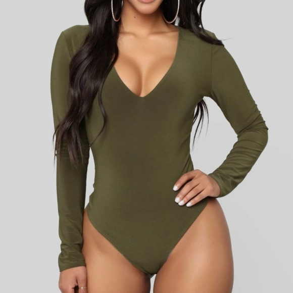 Fashion Nova Tops - LOUISE V Neck Bodysuit - Olive
